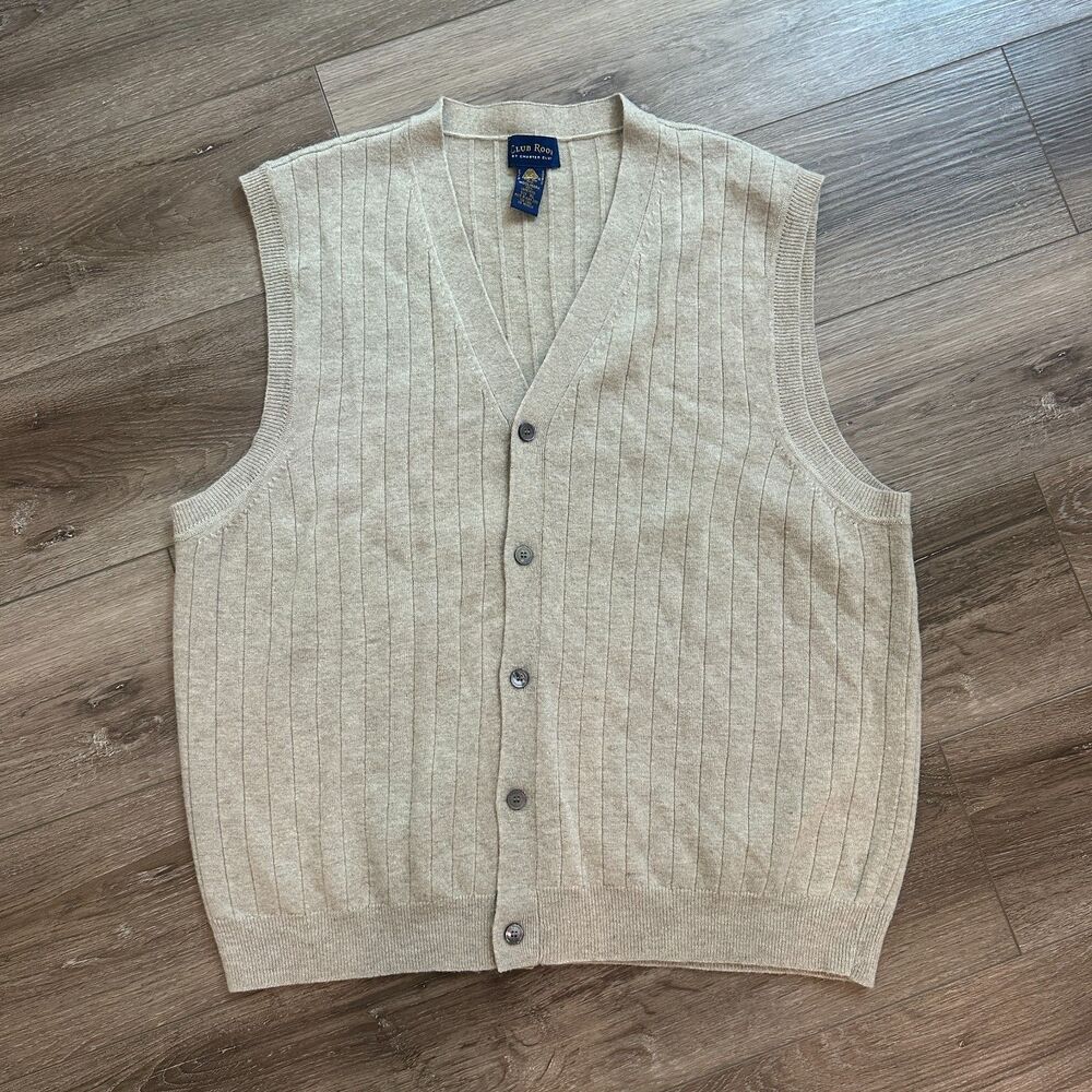 Vintage 100% Lambswool Ribbed Button Sweater Vest Beige Oatmeal - Men's Size XL
